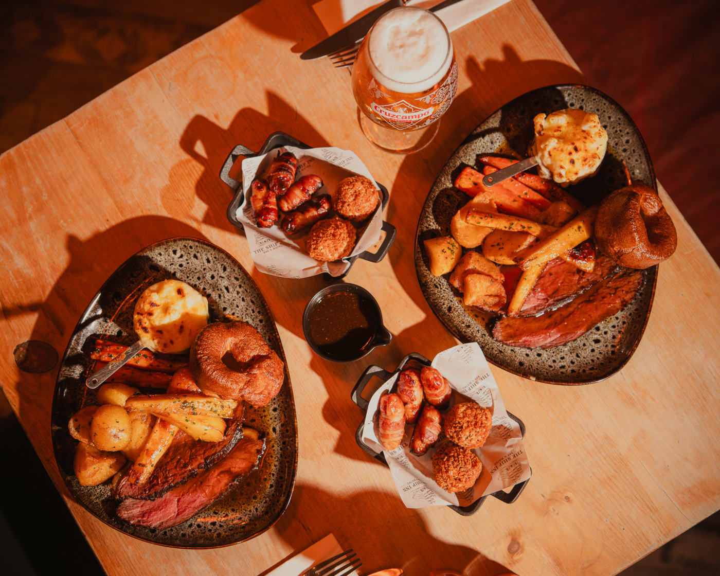 Christmas dinner plates from above at The Ship Inn