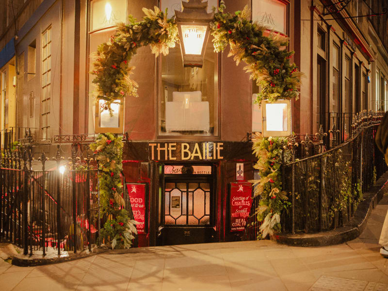 The Bailie Bar exterior at night, Stockbridge