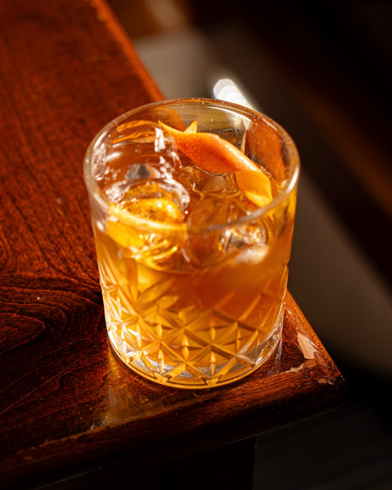 Old fashioned with a large ice cube at Tiles Bar, Edinburgh