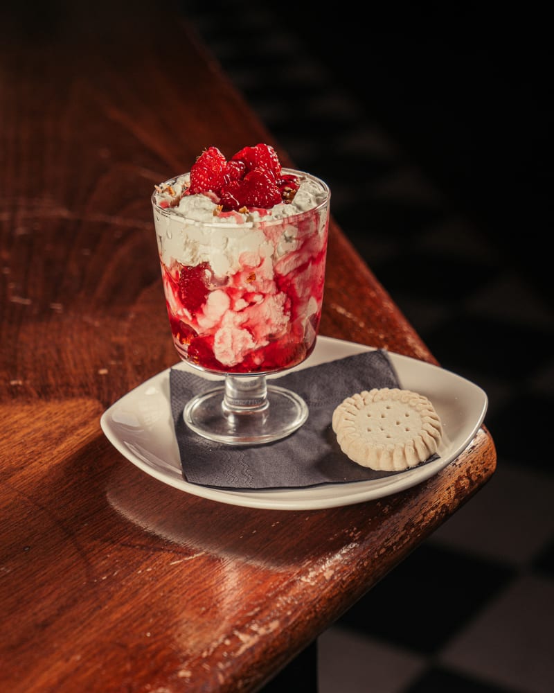 Berry dessert with cream at Tiles Bar, Edinburgh