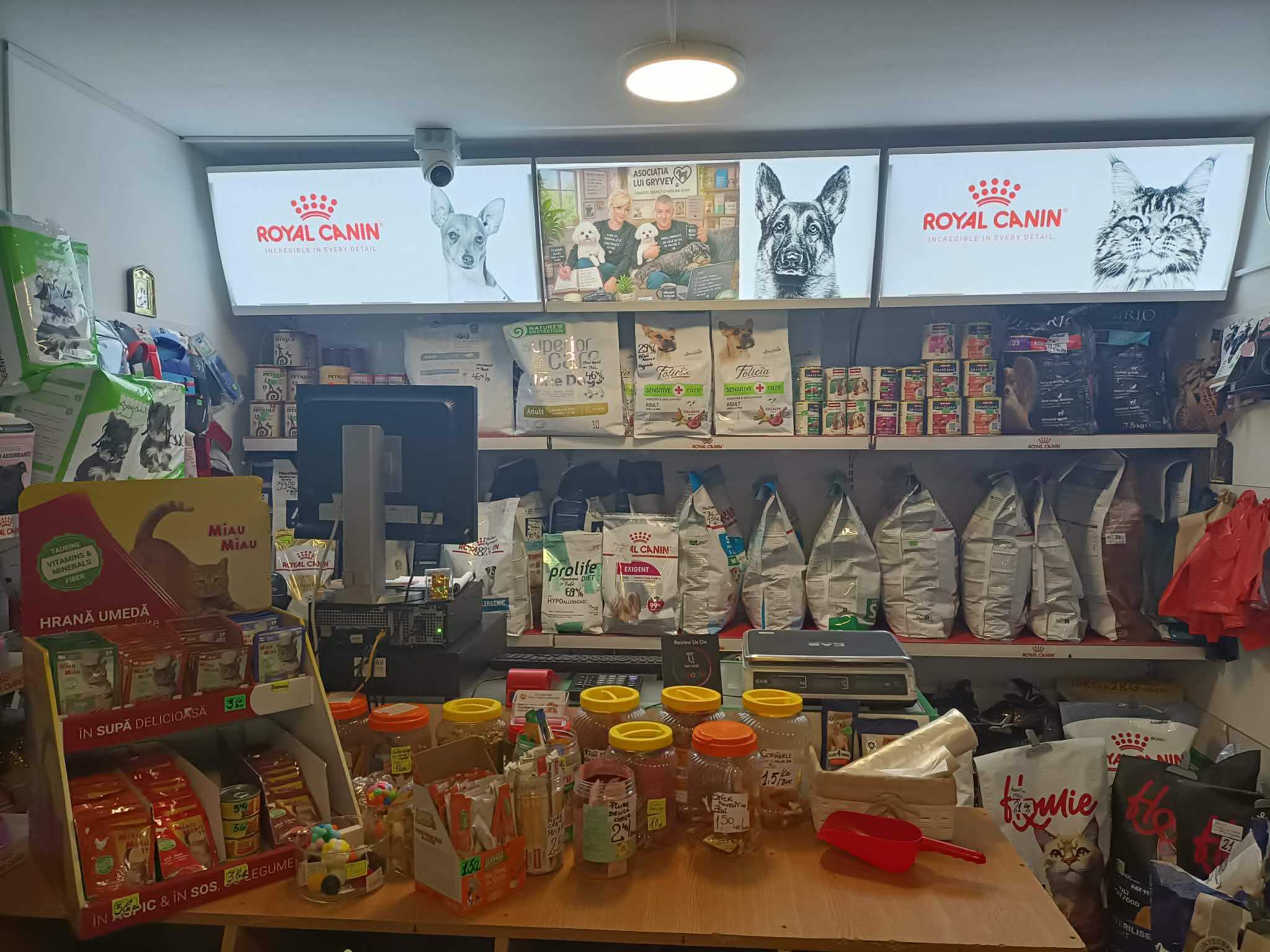 Tejgheaua magazinului Bibi la Grivei din Brăila, cu casă de marcat și produse expuse