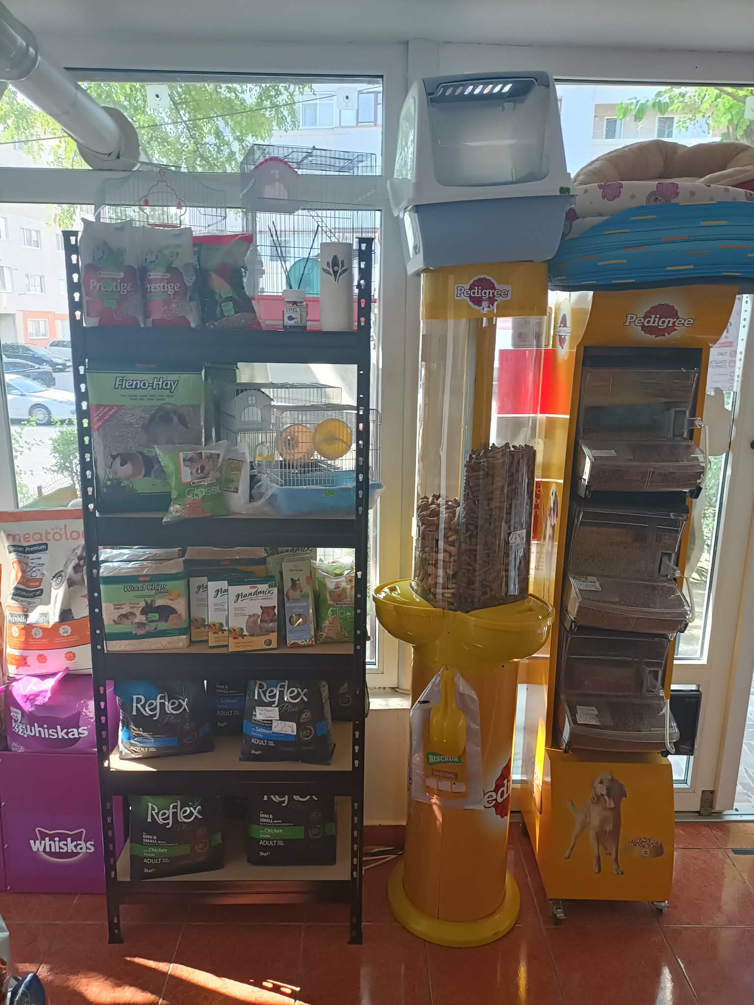 Raft cu pungi de hrană uscată pentru câini, expuse într-un petshop din Brăila