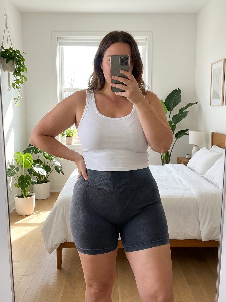 {
  "type": "image_generation",
  "engine": "nano-banana-pro",
  "reference_image": true,
  "prompt": {
    "description": "Fotografía hiperrealista de una mujer adulta tomándose una selfie frente a un espejo de cuerpo completo. La modelo está de pie, de frente, con una mano sosteniendo el teléfono cubriendo parcialmente el rostro y la otra apoyada en la cintura. Proporciones corporales naturales, figura curvilínea, postura segura y relajada.",
    "clothing": "foto de referencia",
    "environment": "Habitación interior con luz natural entrando por una ventana trasera, decoración minimalista, plantas naturales, cama visible al fondo, ambiente limpio y hogareño.",
    "lighting": "Luz natural suave, iluminación equilibrada, sombras realistas, tonos cálidos, sin iluminación artificial dura.",
    "camera": {
      "shot_type": "mirror selfie",
      "framing": "plano completo",
      "angle": "frontal",
      "lens": "35mm",
      "depth_of_field": "media"
    },
    "style": "fotografía realista, alta definición, estilo lifestyle",
    "skin_texture": "realista, natural, sin efecto plástico",
    "details": "alta nitidez, colores fieles, textura de piel visible, proporciones anatómicas correctas",
    "quality": "ultra high resolution, 8k, photorealistic",
    "negative_prompt": "cartoon, anime, ilustración, distorsión corporal, manos deformes, rostro borroso, exceso de suavizado, CGI"
  }
}