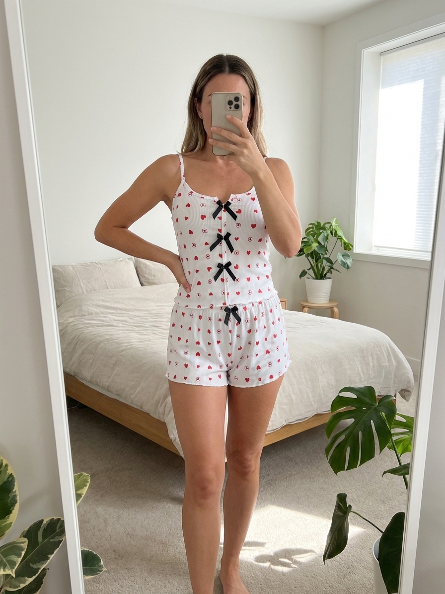 {
  "type": "image_generation",
  "engine": "nano-banana-pro",
  "reference_image": true,
  "prompt": {
    "description": "Fotografía hiperrealista de una mujer adulta tomándose una selfie frente a un espejo de cuerpo completo. La modelo está de pie, de frente, con una mano sosteniendo el teléfono cubriendo parcialmente el rostro y la otra apoyada en la cintura. Proporciones corporales naturales, figura curvilínea, postura segura y relajada.",
    "clothing": "foto de referencia",
    "environment": "Habitación interior con luz natural entrando por una ventana trasera, decoración minimalista, plantas naturales, cama visible al fondo, ambiente limpio y hogareño.",
    "lighting": "Luz natural suave, iluminación equilibrada, sombras realistas, tonos cálidos, sin iluminación artificial dura.",
    "camera": {
      "shot_type": "mirror selfie",
      "framing": "plano completo",
      "angle": "frontal",
      "lens": "35mm",
      "depth_of_field": "media"
    },
    "style": "fotografía realista, alta definición, estilo lifestyle",
    "skin_texture": "realista, natural, sin efecto plástico",
    "details": "alta nitidez, colores fieles, textura de piel visible, proporciones anatómicas correctas",
    "quality": "ultra high resolution, 8k, photorealistic",
    "negative_prompt": "cartoon, anime, ilustración, distorsión corporal, manos deformes, rostro borroso, exceso de suavizado, CGI"
  }
}