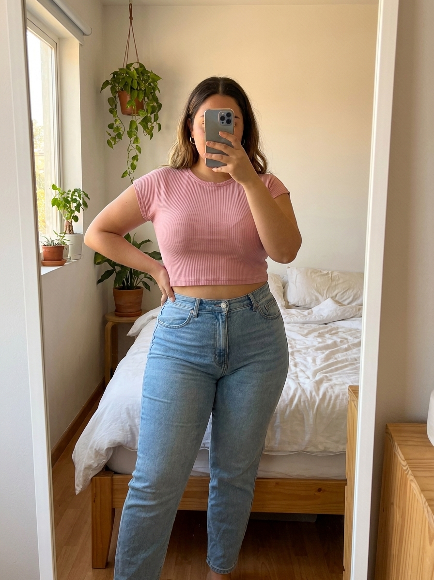 {
  "type": "image_generation",
  "engine": "nano-banana-pro",
  "reference_image": true,
  "prompt": {
    "description": "Fotografía hiperrealista de una mujer adulta tomándose una selfie frente a un espejo de cuerpo completo. La modelo está de pie, de frente, con una mano sosteniendo el teléfono cubriendo parcialmente el rostro y la otra apoyada en la cintura. Proporciones corporales naturales, figura curvilínea, postura segura y relajada.",
    "clothing": "foto de referencia",
    "environment": "Habitación interior con luz natural entrando por una ventana trasera, decoración minimalista, plantas naturales, cama visible al fondo, ambiente limpio y hogareño.",
    "lighting": "Luz natural suave, iluminación equilibrada, sombras realistas, tonos cálidos, sin iluminación artificial dura.",
    "camera": {
      "shot_type": "mirror selfie",
      "framing": "plano completo",
      "angle": "frontal",
      "lens": "35mm",
      "depth_of_field": "media"
    },
    "style": "fotografía realista, alta definición, estilo lifestyle",
    "skin_texture": "realista, natural, sin efecto plástico",
    "details": "alta nitidez, colores fieles, textura de piel visible, proporciones anatómicas correctas",
    "quality": "ultra high resolution, 8k, photorealistic",
    "negative_prompt": "cartoon, anime, ilustración, distorsión corporal, manos deformes, rostro borroso, exceso de suavizado, CGI"
  }
}