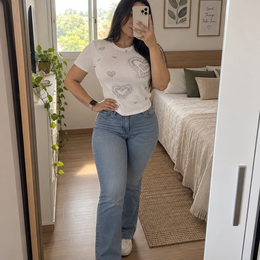 A high-fidelity image of an adult woman taking a selfie in front of a full-length mirror. The model stands confidently and relaxed, facing the camera, with one hand holding the phone partially obscuring her face and the other resting on her waist, showcasing graceful silhouette and harmonious proportions. 

The setting is a cozy interior room with natural light streaming in through a rear window, featuring minimalist decor, natural plants, and a bed visible in the background, creating a clean and homely atmosphere. 

The lighting is soft and natural, providing balanced illumination with realistic shadows and warm tones, avoiding harsh artificial light. 

The camera captures a mirror selfie in a full-frame shot from a frontal angle, using a 35mm lens with medium depth of field.

The style reflects realistic photography in high definition with a lifestyle aesthetic. The skin texture appears realistic and natural, free from any plastic effects, while maintaining high sharpness and true colors that highlight visible skin texture and accurate anatomical proportions. 

The image quality is ultra high resolution. Avoid elements such as cartoons, anime, illustrations, body distortion, deformed hands, blurry faces, excessive smoothing, or CGI effects.