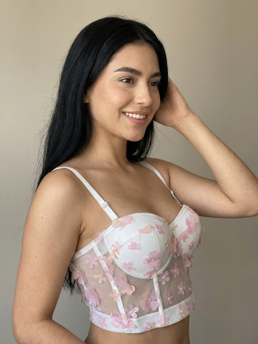 High-definition photorealistic image of a young model wearing the exact garment shown in the reference image. The garment should faithfully retain its design, color, texture, materials, cuts, seams, and original proportions, adapting naturally to the model's graceful silhouette.

The model has long black hair, natural makeup with matte lips, and well-defined black eyebrows. She showcases harmonious proportions and a fit, feminine physique. The skin should display an extremely realistic and natural texture, featuring subtle pores and minor imperfections to avoid an artificial or overly retouched appearance.

The photograph should emulate one taken with an iPhone, using a perspective equivalent to 50mm, with a close framing that captures all important details of both the model and the garment, from a medium close-up angle.

The camera is positioned from a lateral angle, and the model adopts a diagonal pose in relation to the camera. She gently holds her hair with one hand and wears a warm, genuine smile. The pose should feel elegant, spontaneous, and characteristic of a professional fashion photography session.

The background should be understated, clean, and smooth, such as a white or neutral-toned wall. Utilize soft, natural lighting with delicate and realistic shadows. Add a subtle amount of photo grain to achieve a more organic and authentic appearance.

Prioritize photographic realism, natural lighting, realistic skin texture, fidelity to the reference garment, and intricate details in the photography. Avoid any CGI appearance, overly smoothed skin, exaggerated artificial lighting, anatomical distortions, incorrect hand positioning, extra fingers, or loss of garment detail.