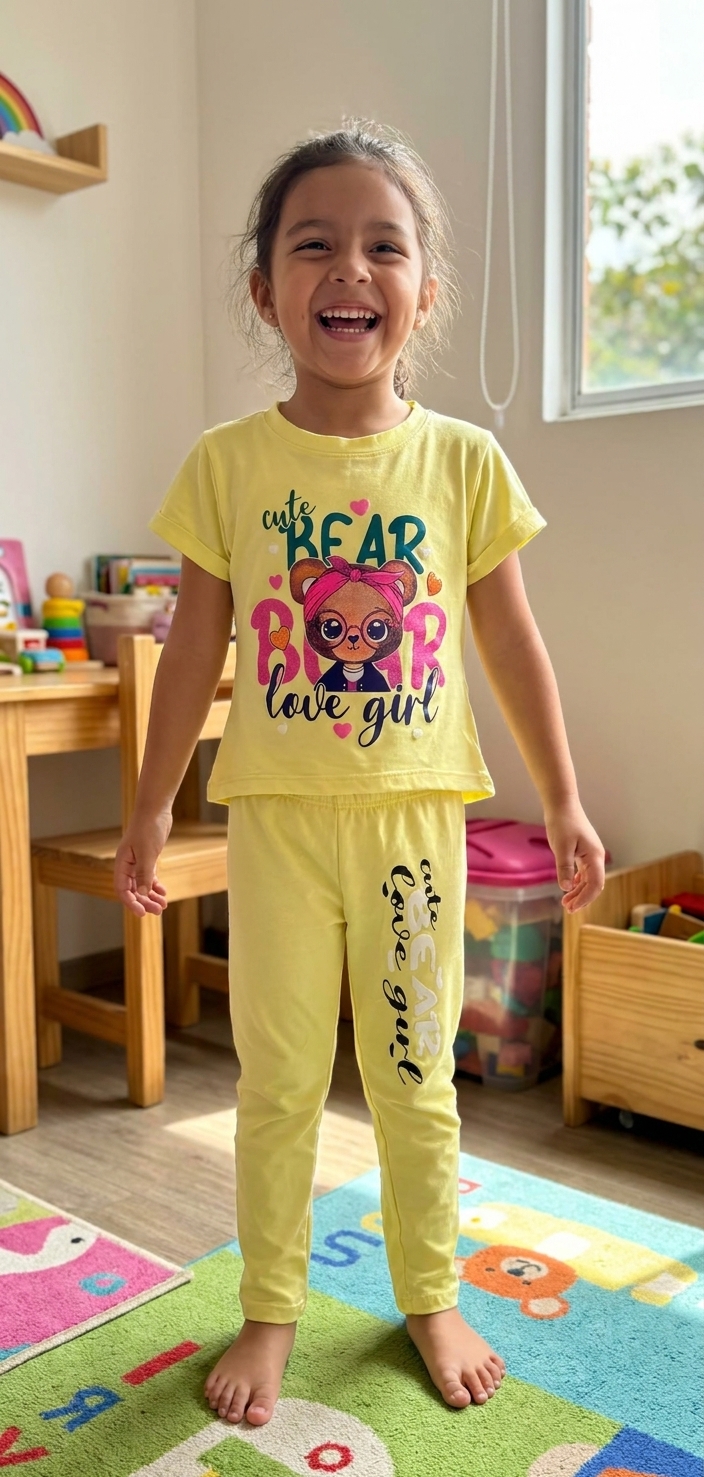 A photograph captured with an iPhone 16 Plus, featuring a 5-year-old girl with Latin features, in a cozy child's room in Medellín. The main focus is on her stylish outfit. The composition is a full shot, with her feet firmly on the ground, striking a playful and genuine smile, exuding a spontaneous expression. The pose is relaxed and vibrant, avoiding any rigid or artificial stances. The image should convey an authentic, everyday feel, illuminated by natural light, highlighting realistic skin and fabric textures, harmonious proportions, and exquisite detail in the clothing.