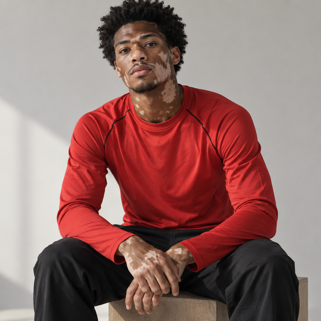 Create a high-fashion editorial photograph featuring an adult male model, approximately 25 years old, with naturally visible vitiligo patterns predominantly on the face, neck, and hands. The unique, irregular markings should realistically follow the body's anatomy. The model has natural, afro-textured black hair and appears without visible makeup. His athletic build showcases harmonious proportions and anatomically correct features. The skin texture must be intricately detailed, revealing pores, subtle imperfections, and natural tone variations that illustrate a realistic transition between pigmented and depigmented areas caused by vitiligo, avoiding any artificial or AI-generated appearance.

The model is dressed in the specified garment and adopts a seated pose while looking directly at the camera, conveying a confident, relaxed demeanor. The photograph is captured with a professional camera using a 50mm lens, featuring soft natural light, a shallow depth of field, and precise focus on the face and skin texture. The background is a clean, minimalist studio that is visually balanced.

The final image should resemble a professional editorial photograph taken by a real fashion photographer, with physically coherent lighting, natural shadows, realistic reflections, correct anatomy, natural proportions, individually defined hair, and a highly authentic representation of vitiligo. There should be no plastic skin, excessive smoothing, CGI appearance, illustration traits, or artificial image generation characteristics.