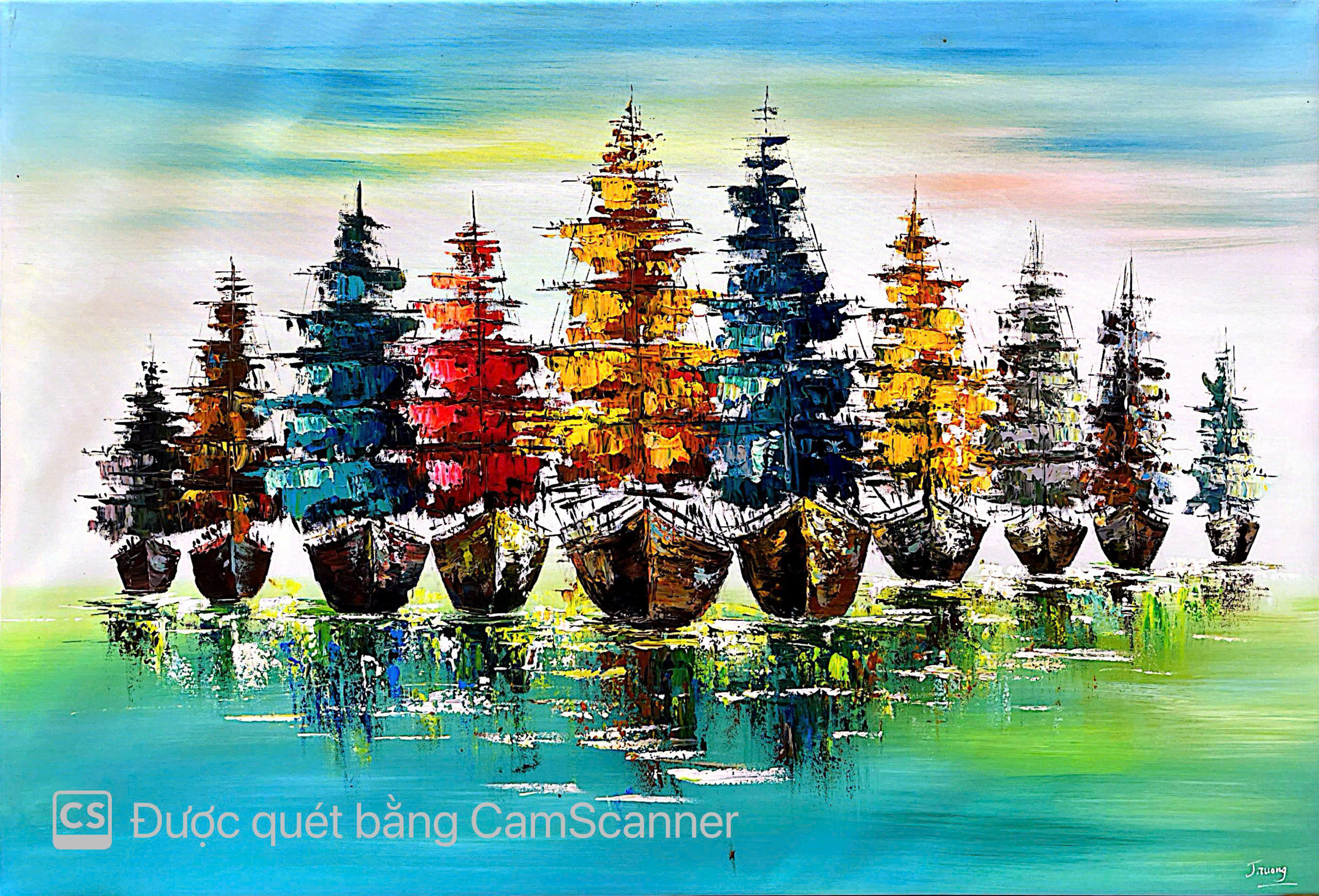 A fleet of boats heads out to sea.