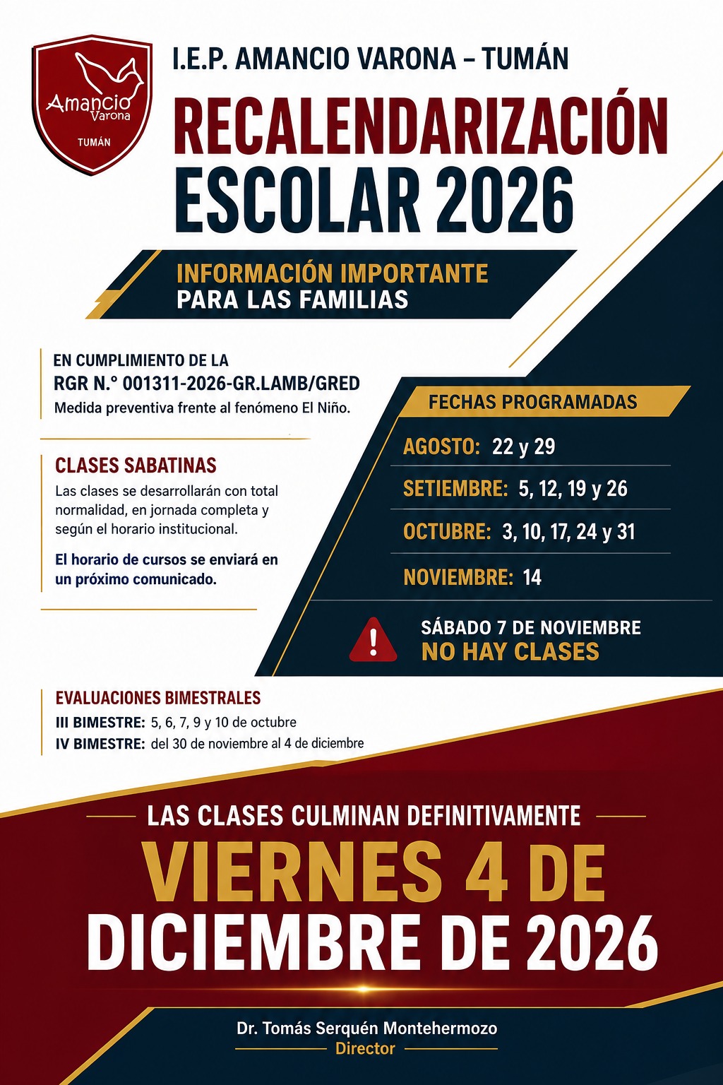 Recalendarización Escolar y Horarios de Clases Sabatinas 2026 – I.E.P. Amancio Varona