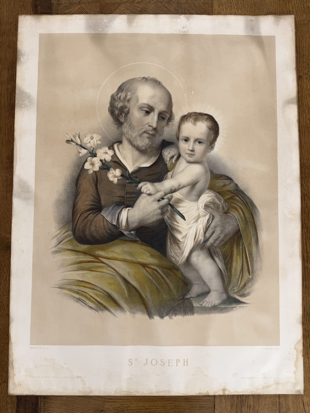 Sv. Josef s Ježíškem – kolorovaná litografie podle Murilla, Paříž, 19. století — fotka 2
