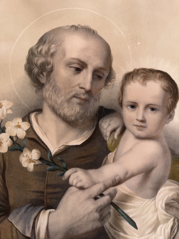 Sv. Josef s Ježíškem – kolorovaná litografie podle Murilla, Paříž, 19. století