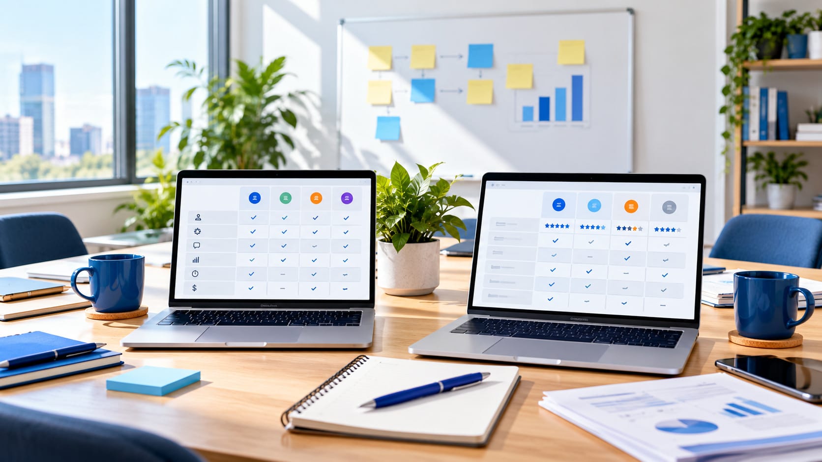Two laptops showing comparison tables on a shared desk, with a whiteboard of sticky notes behind