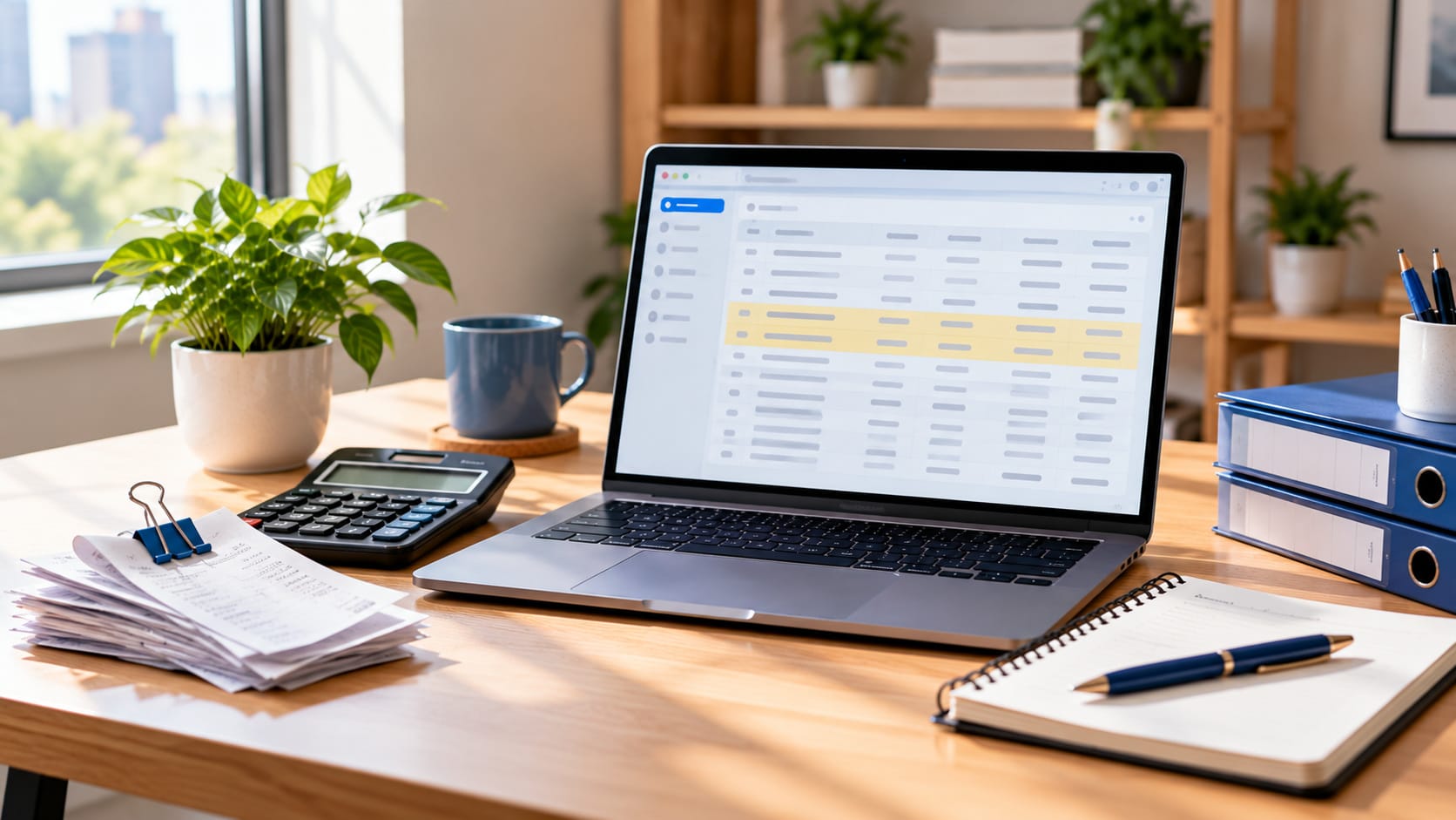 Laptop showing a ledger with two highlighted rows beside a calculator, a clipped stack of receipts, binders and a notebook