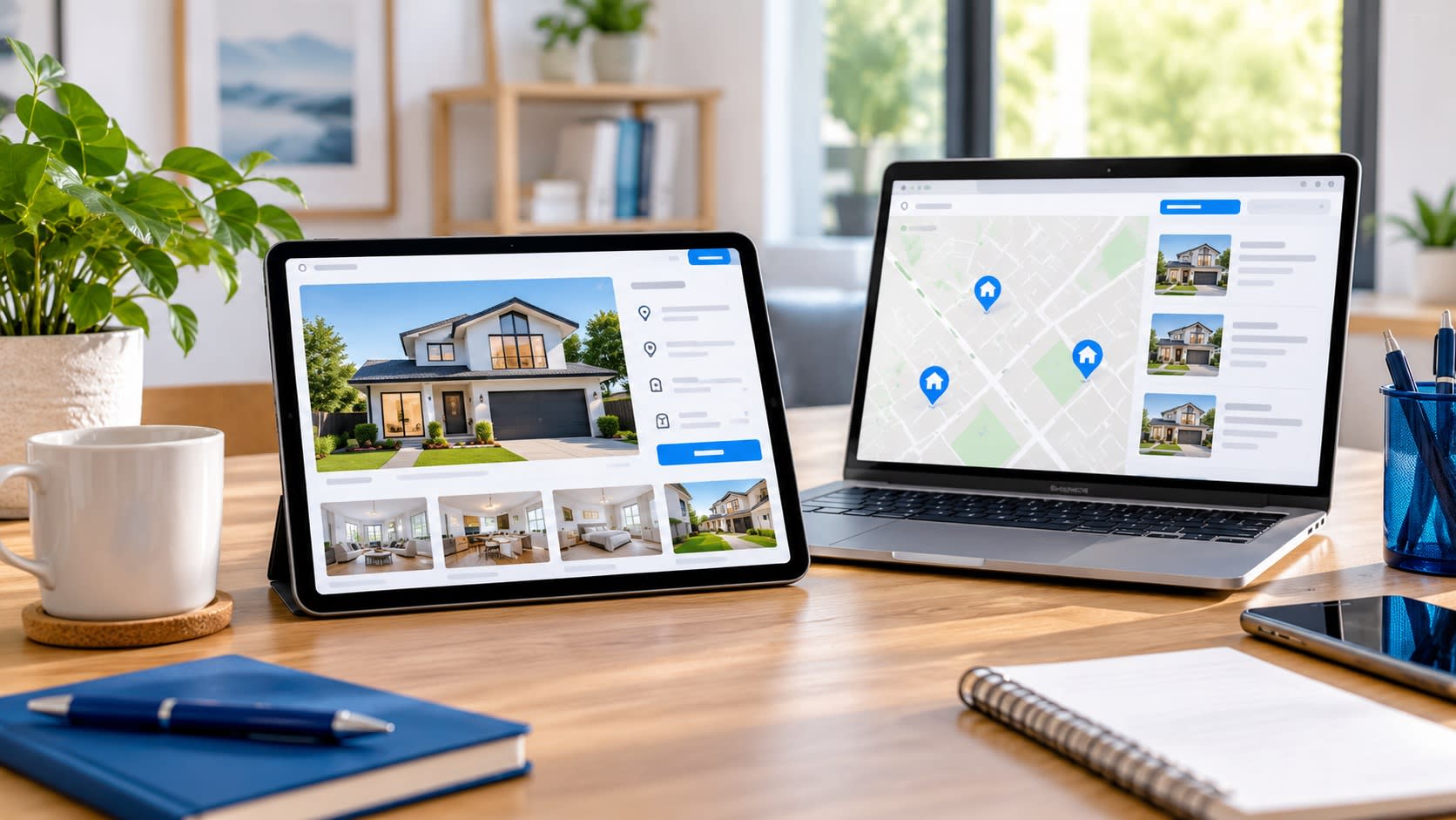 Tablet showing a house listing beside a laptop showing a map with property pins