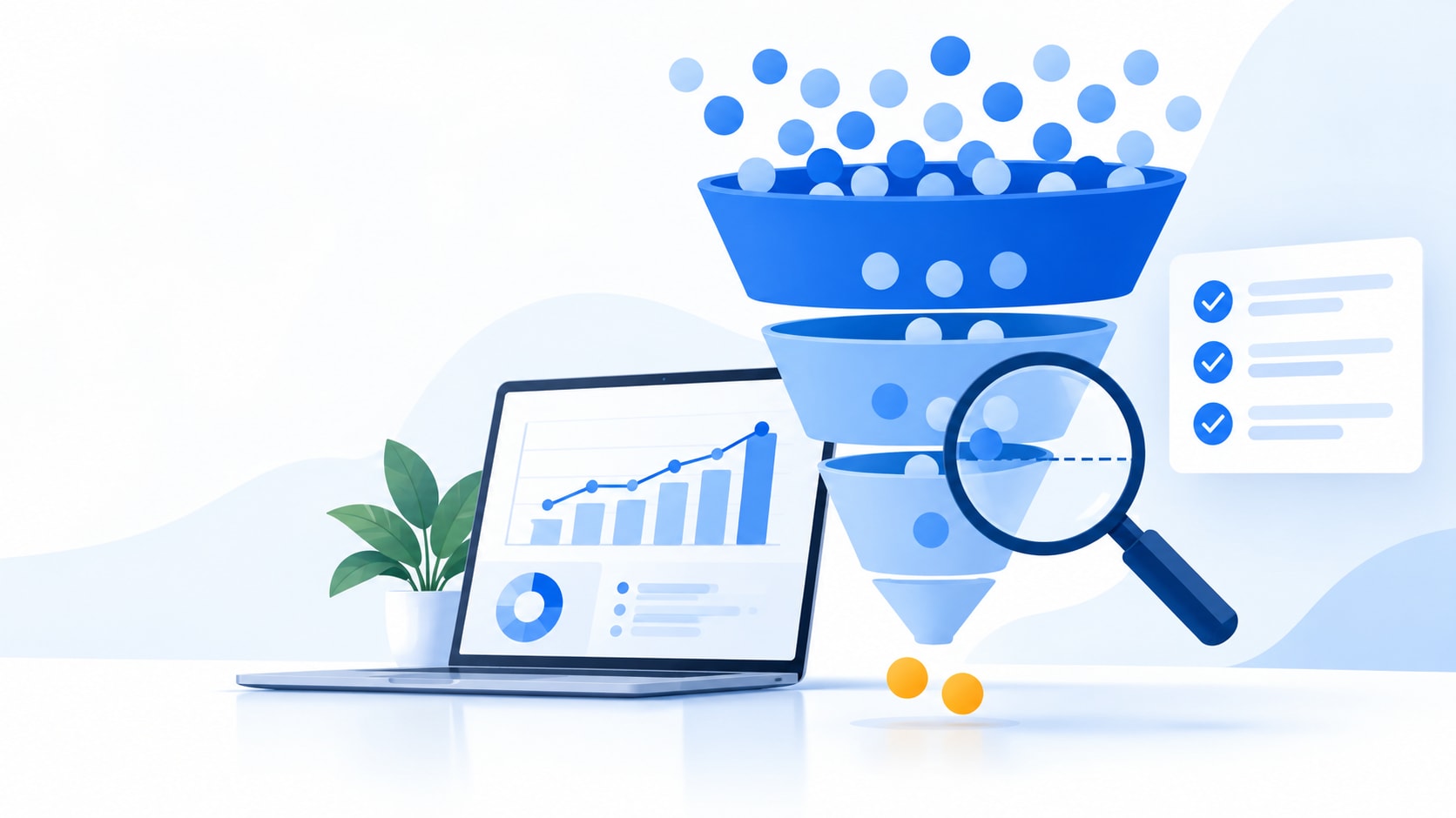 Blue marketing funnel with a magnifying glass over its narrowest stage, beside a laptop showing a growth chart and a checklist card