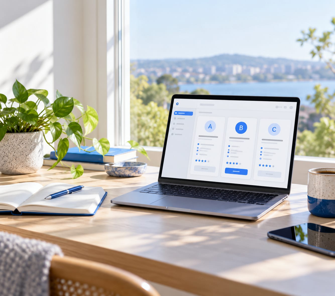 Laptop on a sunny desk showing a hiring dashboard with candidate cards, beside a blue notebook, a mug and a plant