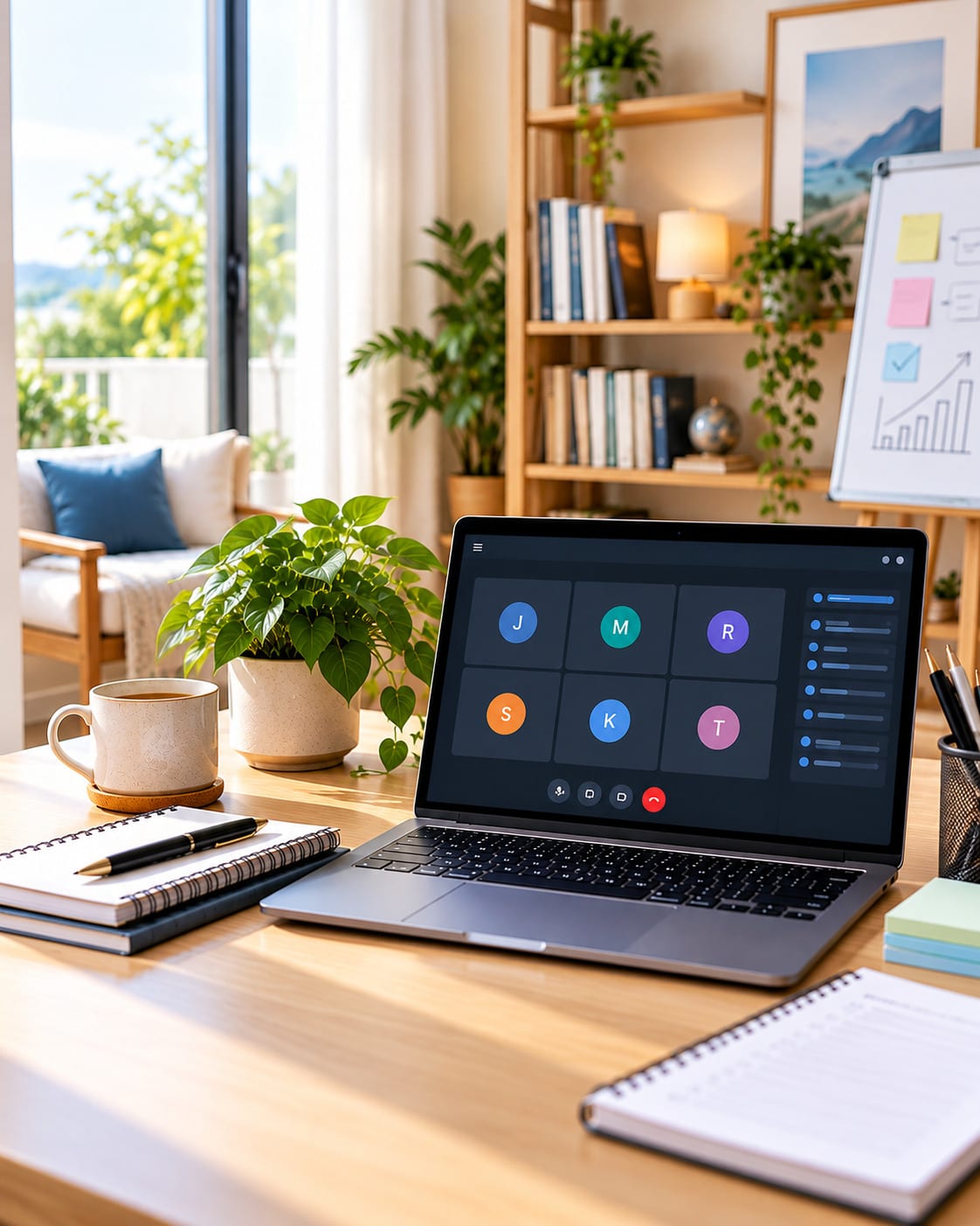Bright home studio desk with a laptop on a video call, a mug, a notebook and a plant