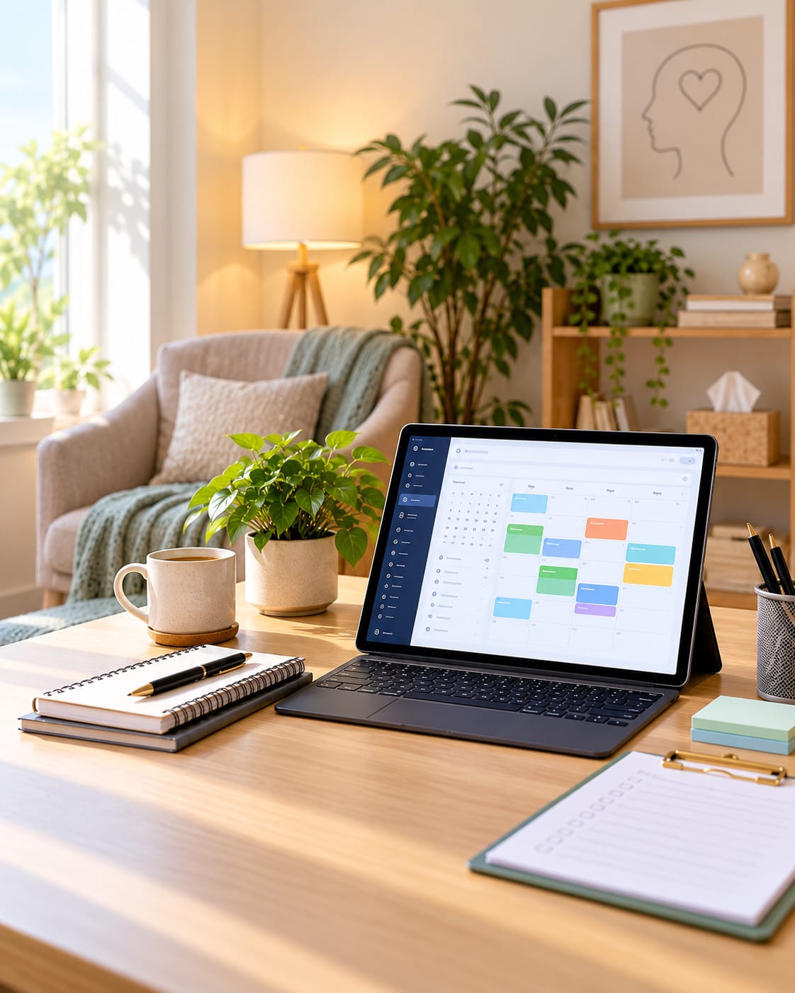 Softly lit practice office with a tablet schedule, a mug, a notebook and an armchair behind