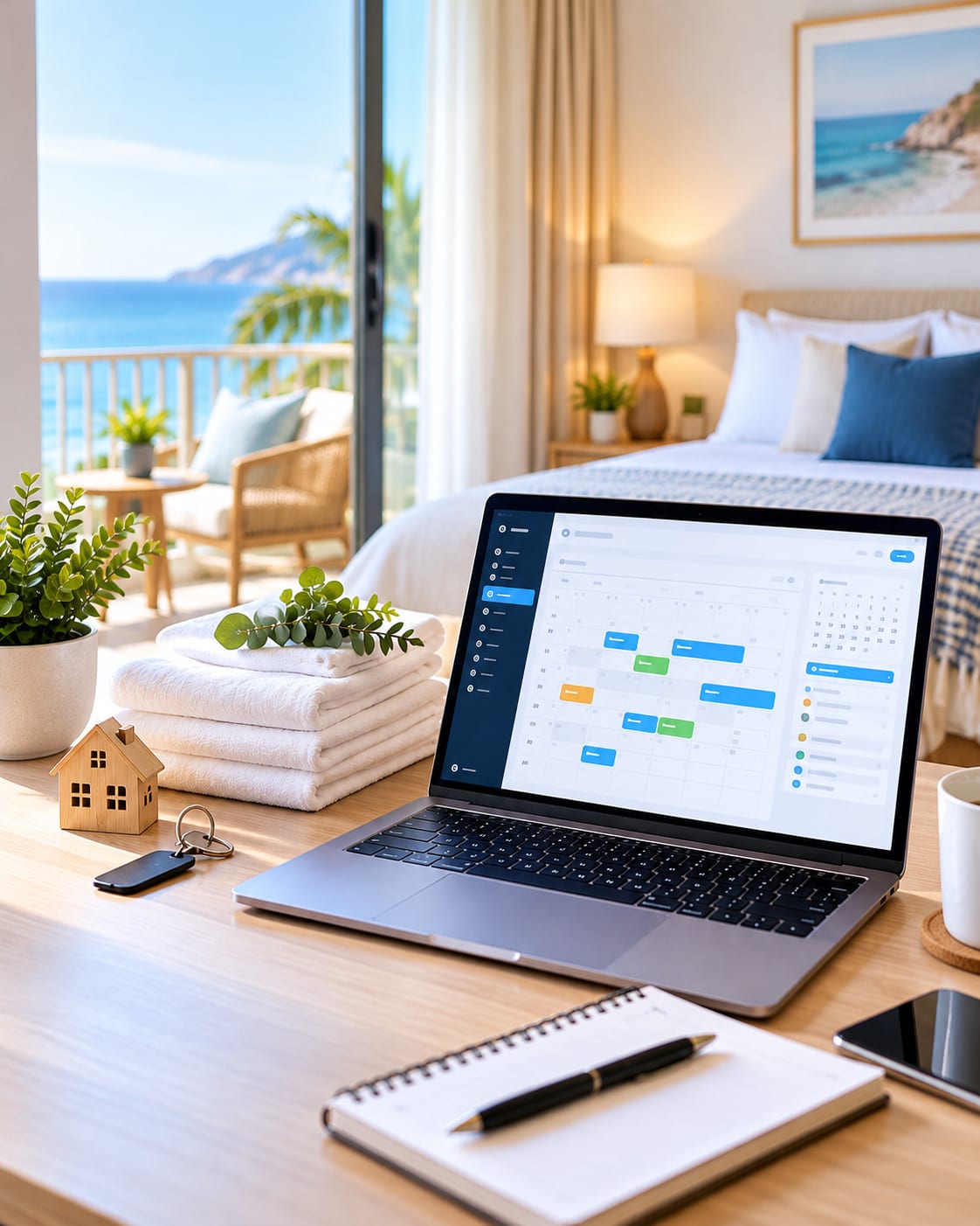 Rental bedroom with sea view, folded towels and a laptop showing a booking calendar