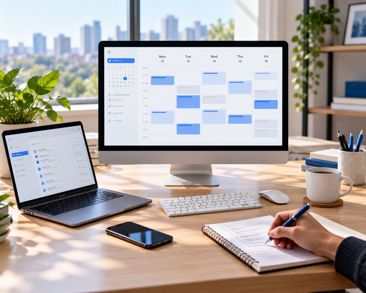 Desk with a large week-view calendar on a monitor, a laptop, a phone and a notebook