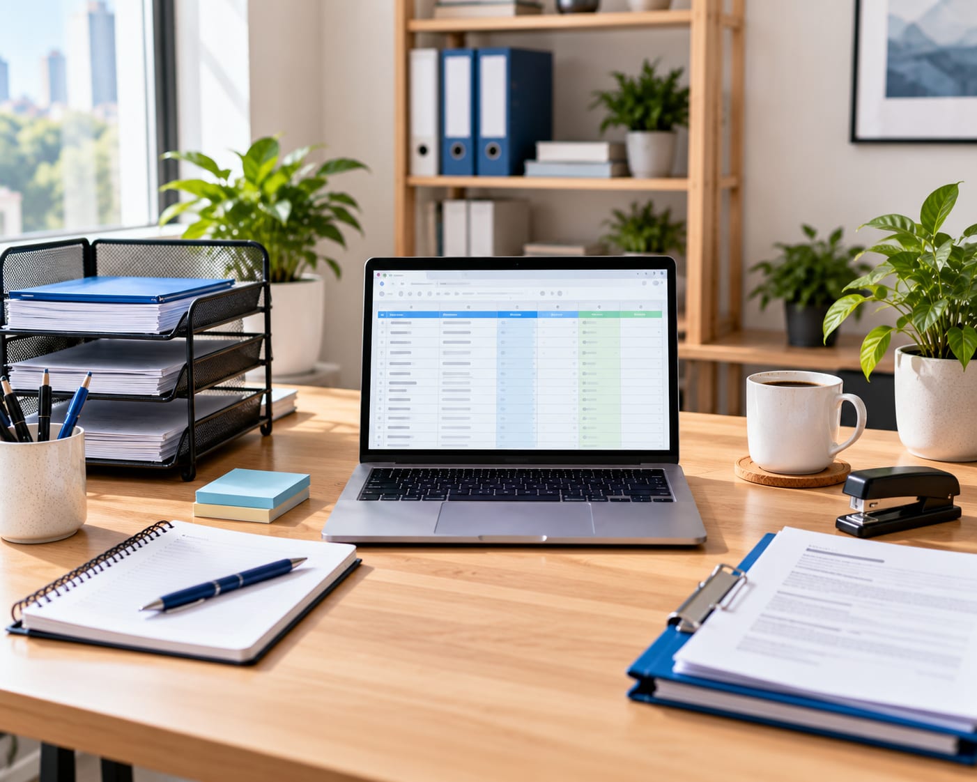 Organised desk with document trays, a laptop showing a spreadsheet, a notepad and a stapler