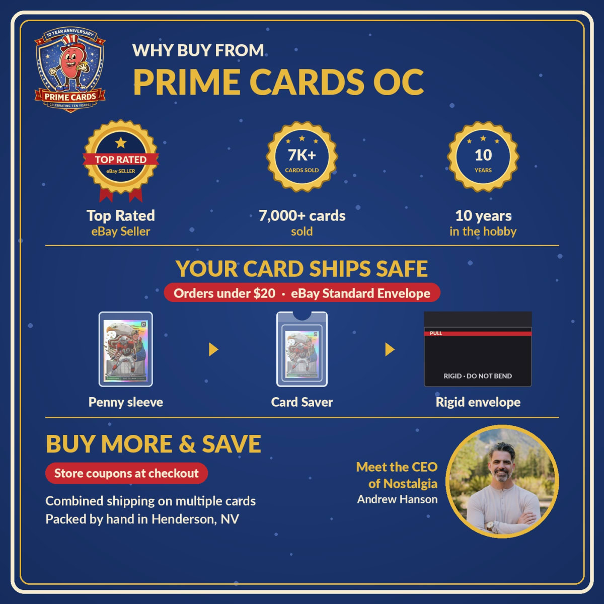 Why buy from Prime Cards OC: Top Rated eBay seller, 7,000+ cards sold, 10 years in the hobby, safe shipping, buy more and save