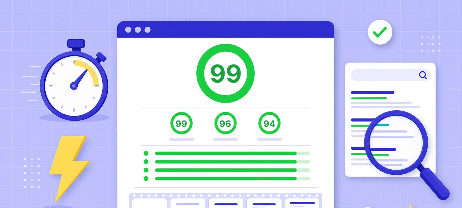 Page speed report showing performance scores of 99, 96 and 94 next to search results
