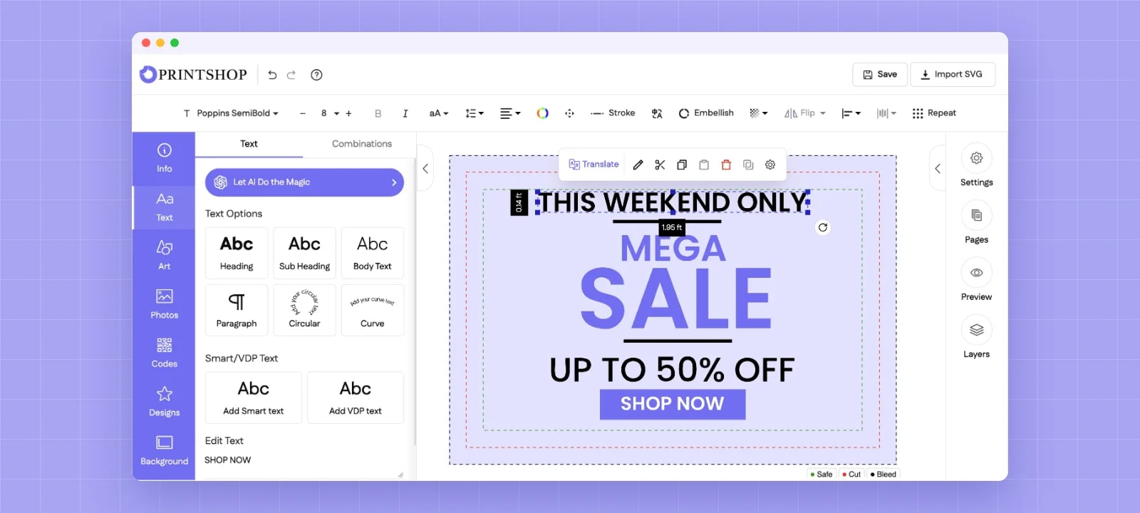 Sale banner template open in the DesignO editor with text, safe, cut and bleed guides