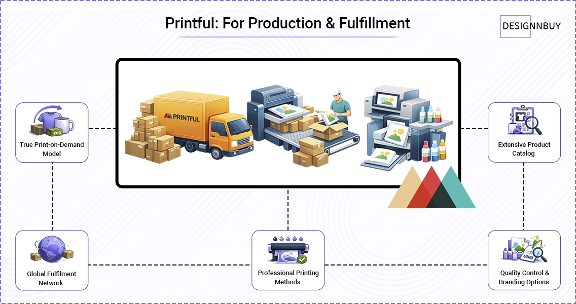 Printful print on demand fulfillment process with printing machines, packing workflow, global shipping, and branded packaging options