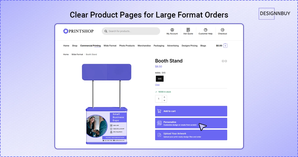 Product detail page showing customization options for large format printing products on a web to print storefront