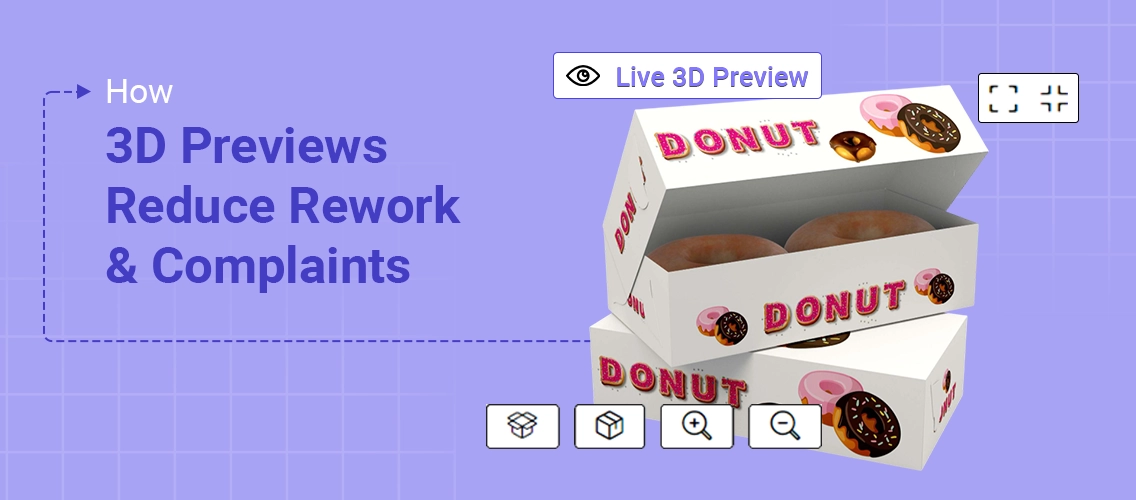 3D packaging preview of a donut box displaying artwork from multiple angles to reduce rework and customer complaints| DesignNBuy