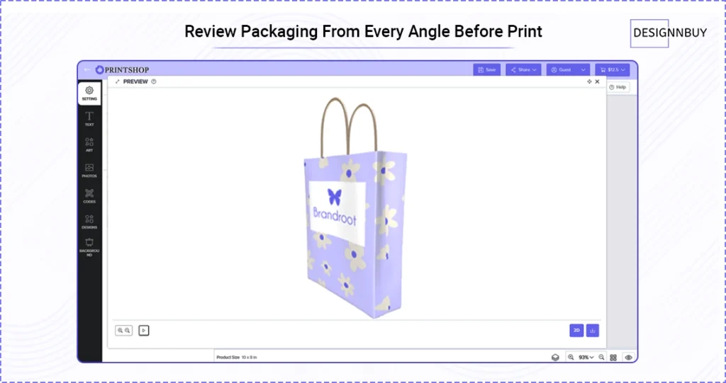 3D packaging preview allowing users to review packaging from every angle before final print approval | DeisgnNBuy