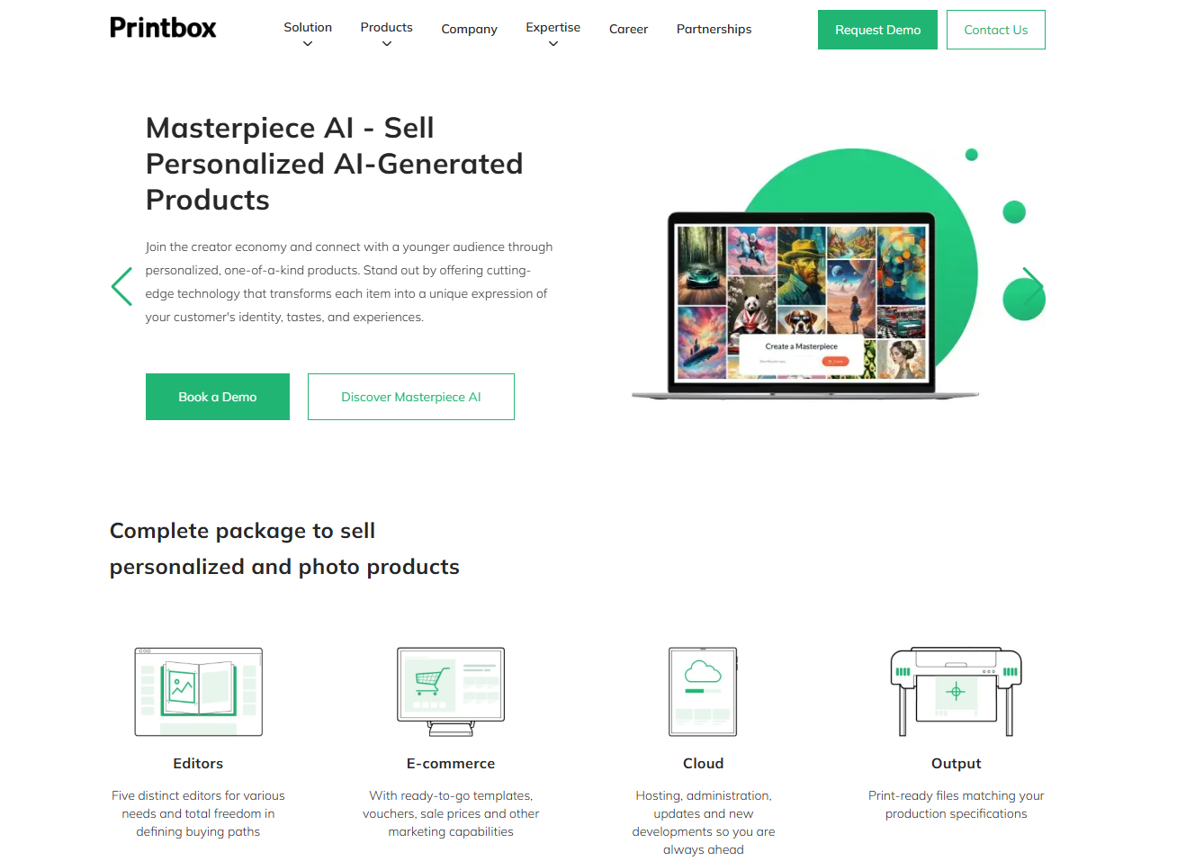 Printbox web to print softwares homepage promoting AI powered personalized product creation and print ecommerce platform