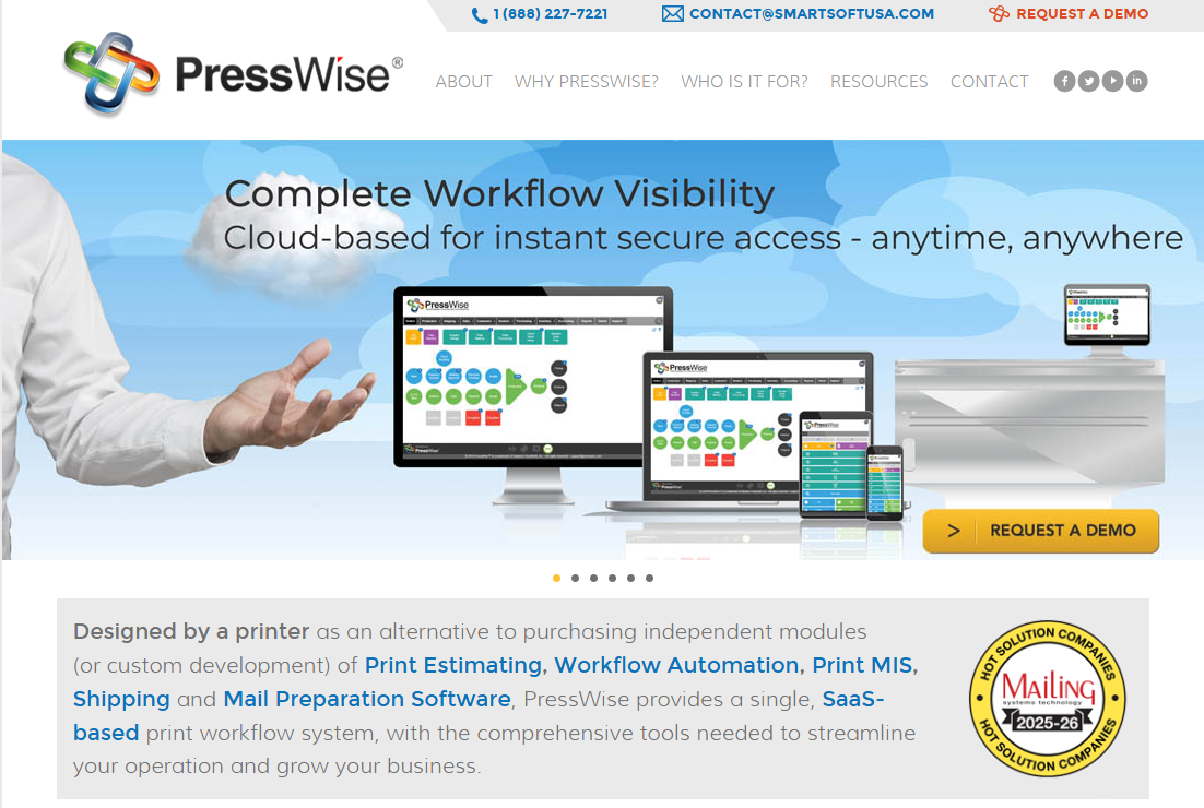 PressWise web to print softwares dashboard displaying cloud based print workflow automation and production management tools
