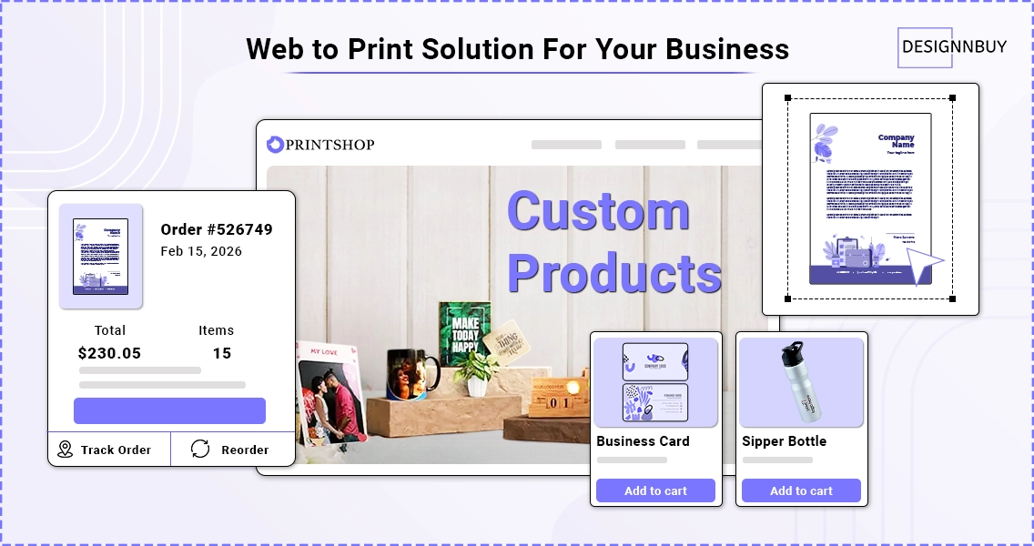 Example of a web to print storefront displaying custom products, order summary, and visual previews.