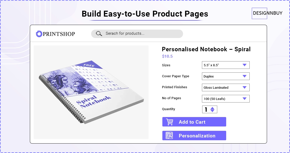 Product page layout showing size, paper type, finishes, quantity, and pricing options in a web to print storefront.