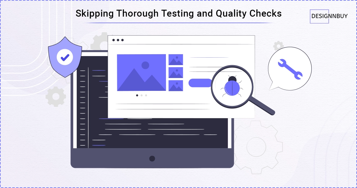 Common web to print storefront mistakes illustration showing skipped testing and quality checks with bug detection on the platform interface.