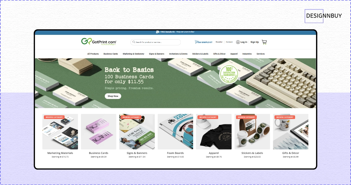 GotPrint homepage featuring business cards, marketing materials, and bulk print options for small businesses