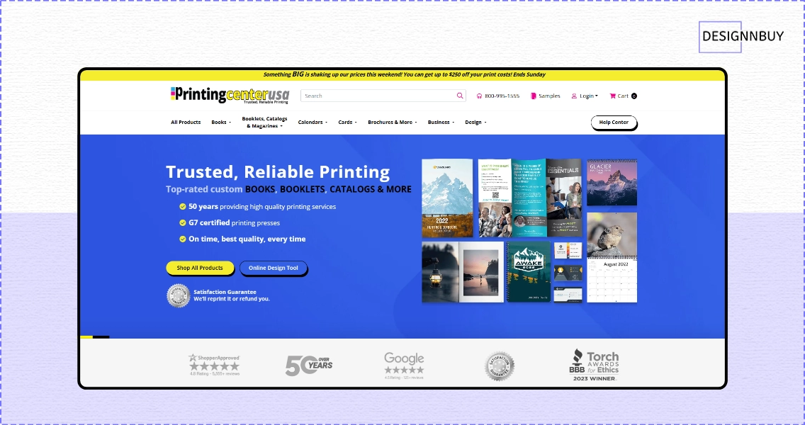 PrintingCenterUSA website showing custom books, catalogs, and multi-page print products