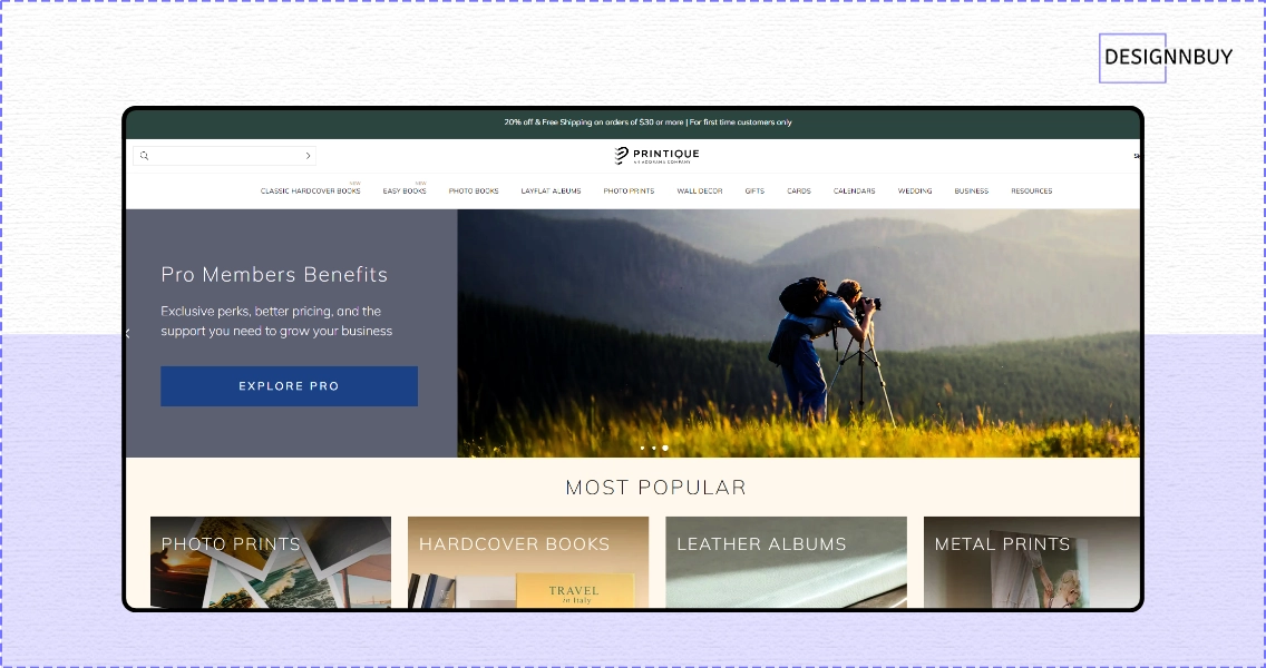 Printique photo printing platform displaying premium photo books, wall decor, and professional print finishes