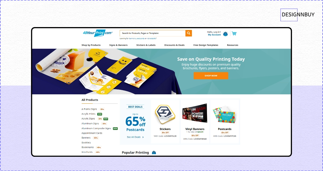 48HourPrint website displaying brochures, banners, postcards, and fast turnaround print products