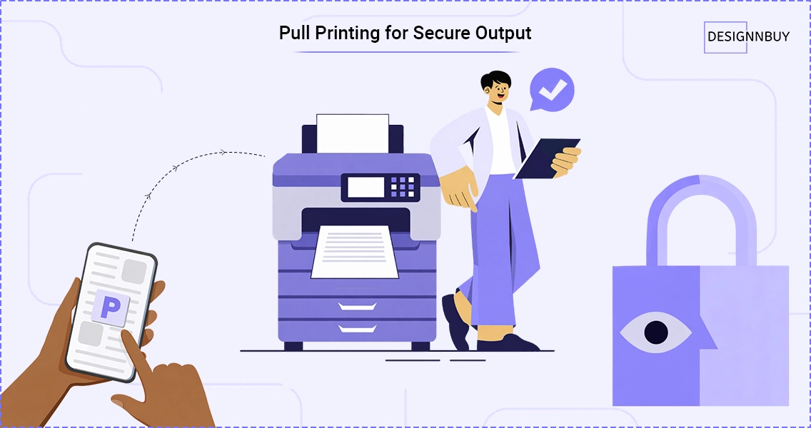 Controlled print release illustration showing print jobs released by authorized users