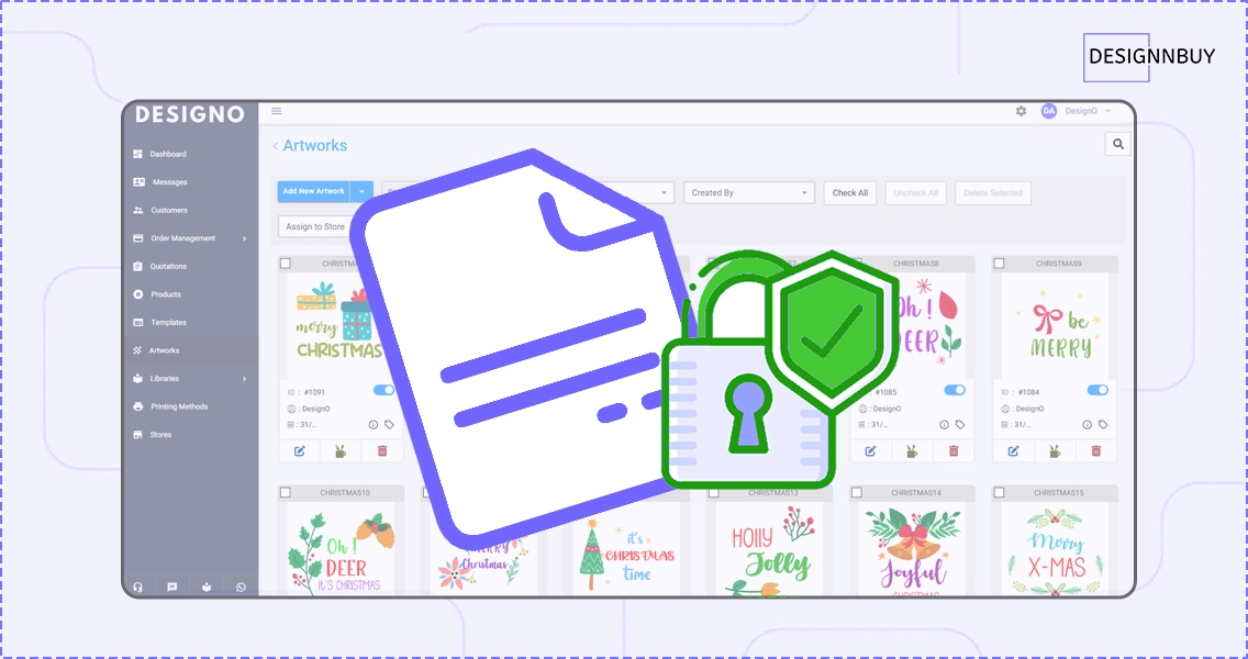 DesignO interface showing secure handling of artwork files and protected order access