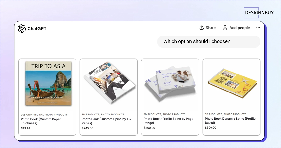 Illustration showing ChatGPT Shopping acting as a storefront where users explore and compare customizable print products.