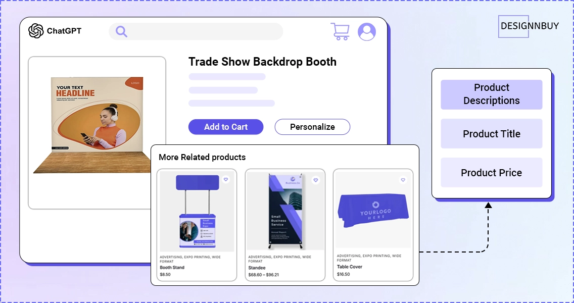 Illustration showing ChatGPT Shopping acting as a storefront where users explore and compare customizable print products.