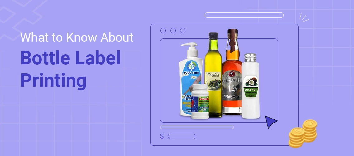 Different product bottles displayed with printed labels to illustrate bottle label printing use cases