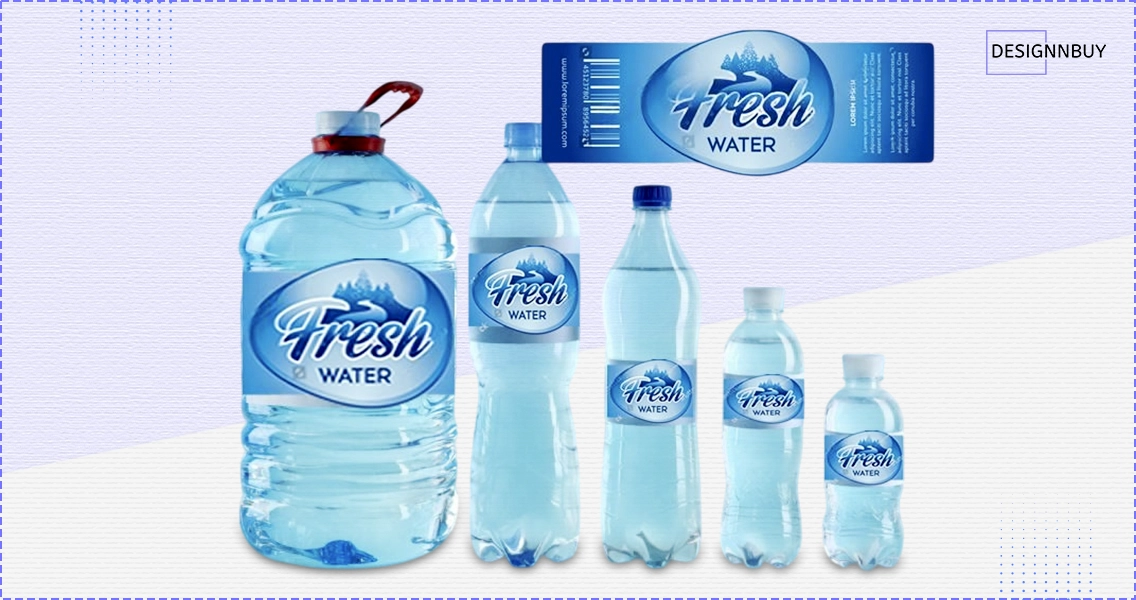 Plastic water bottles in multiple sizes with blue labels designed for moisture and refrigeration