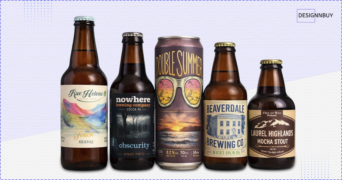 Beer bottles and cans with printed labels showing different branding styles and finishes